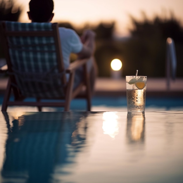 Ein Mann sitzt auf einem Stuhl neben einem Glas Wasser mit einem Strohhalm darin.