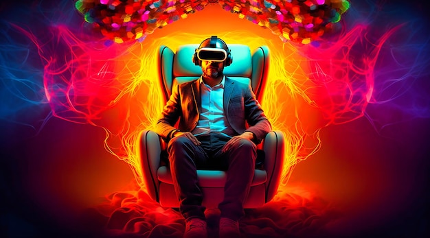 Ein Mann sitzt auf einem Stuhl und trägt ein VR-Headset inmitten von Neonlichtern und einem Hintergrund aus beleuchteten Lichterketten