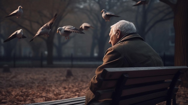 Ein Mann sitzt auf einer Bank in einem Park und Vögel fliegen um ihn herum
