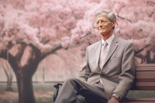 Ein Mann sitzt auf einer Bank vor einem Baum mit rosa Blumen im Hintergrund.
