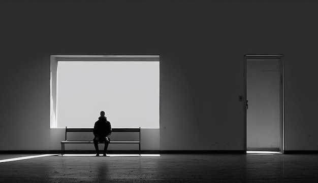 Ein Mann sitzt auf einer Bank vor zwei großen Fenstern.