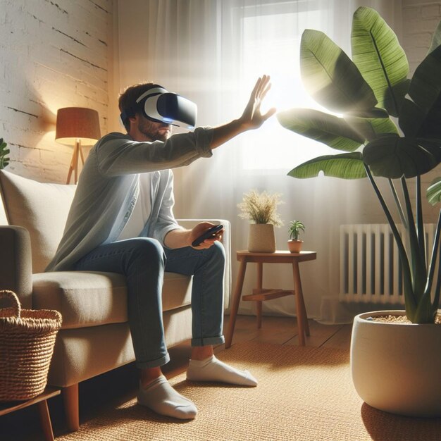 ein Mann sitzt auf einer Couch mit einem Virtual-Reality-Controller