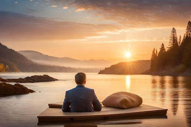 Ein Mann sitzt bei Sonnenuntergang auf einem Steg vor einem See.