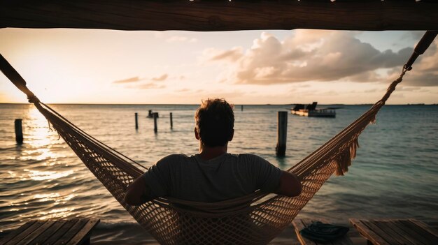 Ein Mann sitzt bei Sonnenuntergang in einer Hängematte mit Blick auf das Meer.