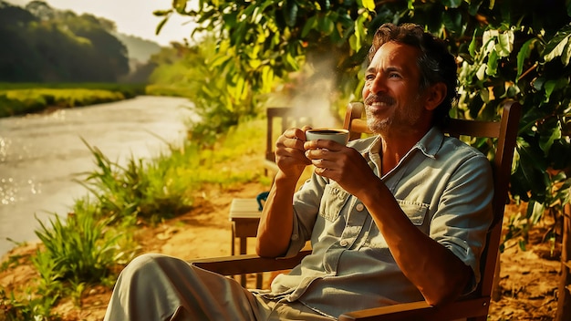 ein Mann sitzt draußen und trinkt eine Tasse Kaffee