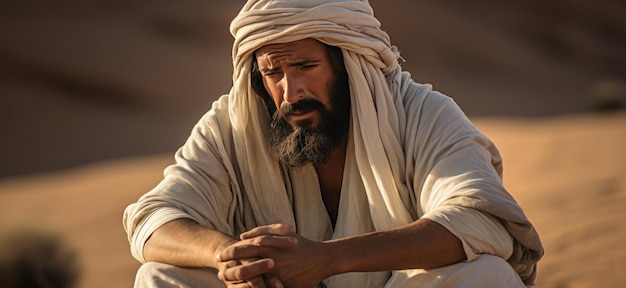Foto ein mann sitzt in der wüste und trägt einen weißen turban