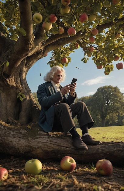 Foto ein mann sitzt in einem baum mit einem telefon in der hand