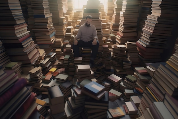 Ein Mann sitzt in einem Bücherstapel, auf dessen Spitze das Wort Bibliothek steht