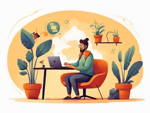 ein Mann sitzt in einem Bürostuhl mit einem Laptop und einer Topfpflanze an der Wand