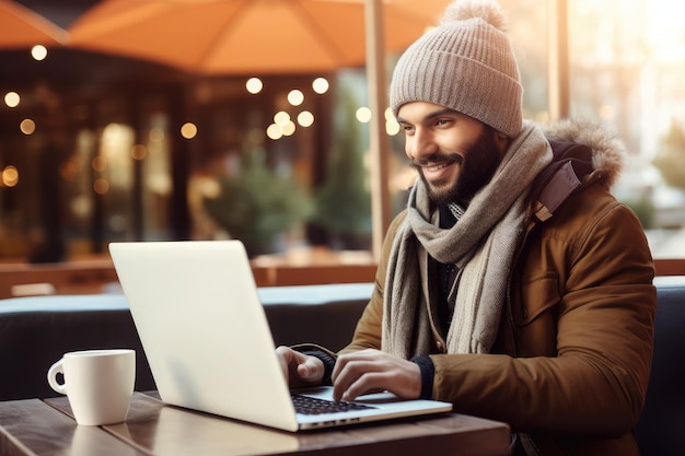 Ein Mann sitzt in einem Café und arbeitet an seinem Laptop und trägt einen Hut und einen Schal