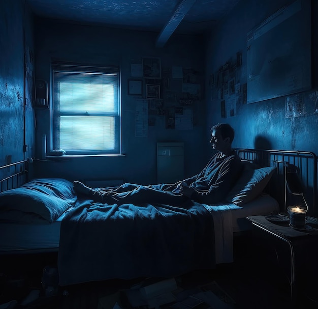 Ein Mann sitzt in einem dunklen Raum mit einer Lampe und einer Lampe an der Wand.