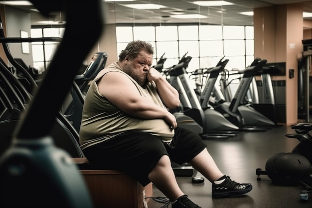 Ein Mann sitzt in einem Fitnessstudio mit einem Schild mit der Aufschrift "Fat Man".