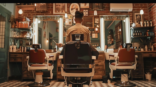 Foto ein mann sitzt in einem friseurstuhl in einem altmodischen friseurladen, er trägt ein weißes hemd und schwarze hose.