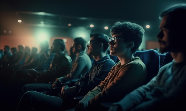 Ein Mann sitzt in einem Kino mit dem Rücken zur Kamera und den Zuschauern, die sich den Film ansehen.