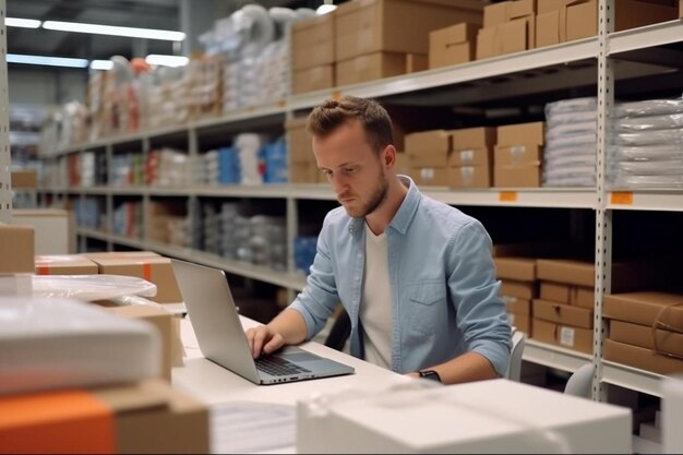 Foto ein mann sitzt in einem lagerhaus mit einem laptop auf dem schoß