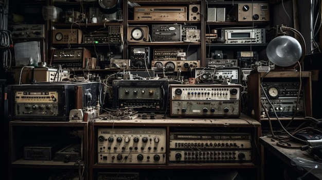 Ein Mann sitzt in einem Raum voller alter Stereoanlagen.