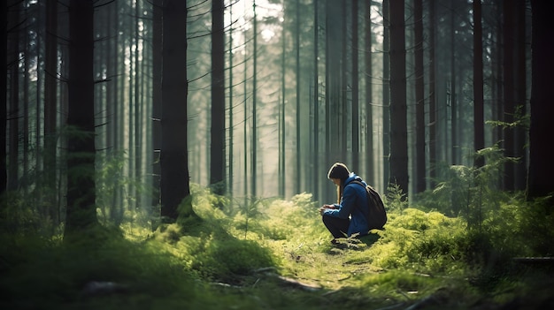 Ein Mann sitzt in einem Wald, die Sonne scheint durch die Bäume.