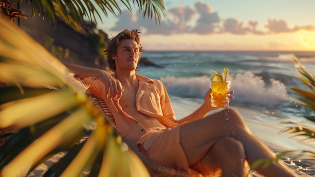 ein Mann sitzt mit einem Getränk in der Hand auf einer Hängematte