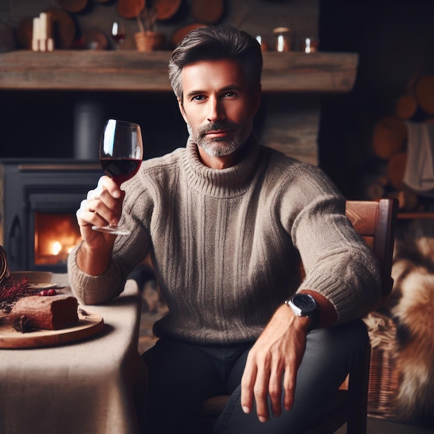 Ein Mann sitzt mit einem Glas Wein vor einem Kamin