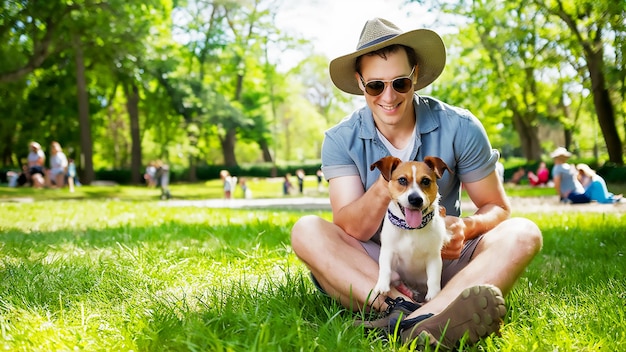 ein Mann sitzt mit einem Hund im Gras