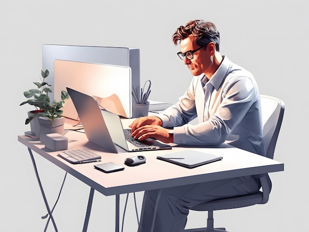 Ein Mann sitzt mit einem Laptop an einem Schreibtisch