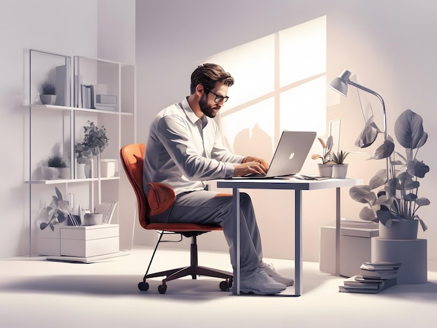 Ein Mann sitzt mit einem Laptop an einem Schreibtisch