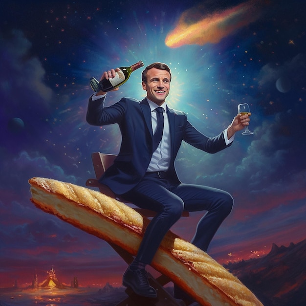 Ein Mann sitzt mit einer Flasche Champagner und einer Flasche Champagner auf einem Brett.