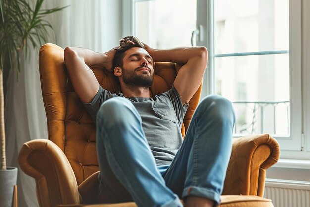 Foto ein mann sitzt mit geschlossenen augen auf einem stuhl