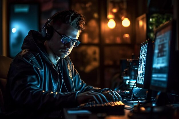 Ein Mann sitzt mit Kopfhörern und Brille in einem dunklen Raum an einem Computer und tippt auf einer Tastatur.