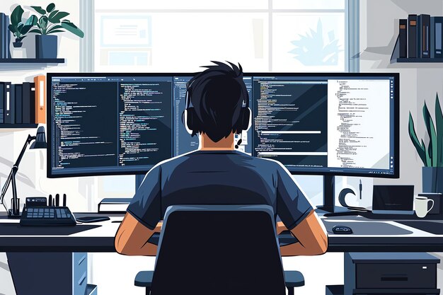 ein Mann sitzt vor einem Computer mit den Wörtern Code auf der Rückseite