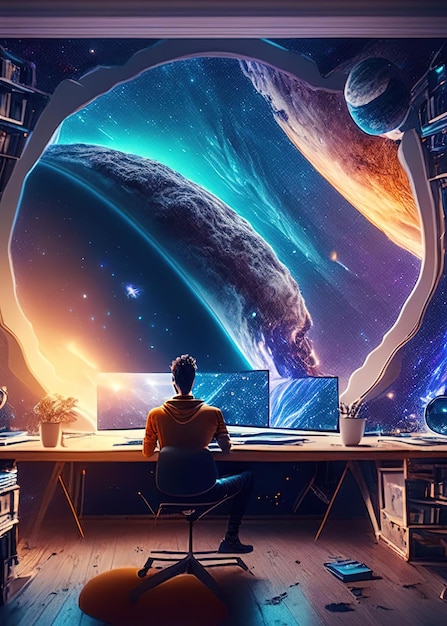 Ein Mann sitzt vor einem Computer und sieht das Universum