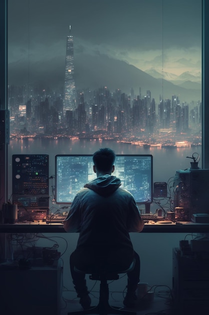Ein Mann sitzt vor einem Fenster mit einer Stadt im Hintergrund.