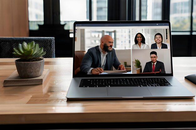 Foto ein mann sitzt vor einem laptop mit einem bild einer gruppe von menschen im hintergrund