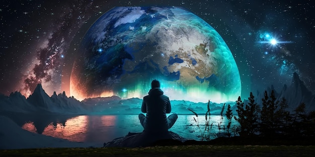 Ein Mann sitzt vor einem Planeten mit der Erde im Hintergrund.