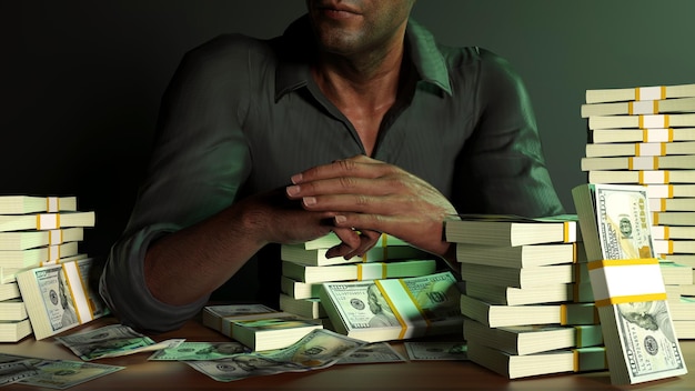 Ein Mann sitzt vor einem Tisch voller Stapel US-Dollar-Banknoten vor einem dunklen Hintergrund