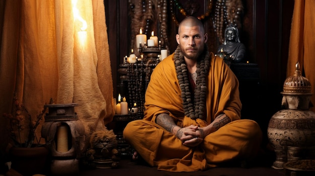 Ein Mann sitzt vor einer Kerze in einem Tempel.