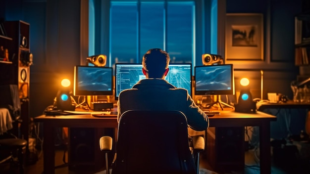 Ein Mann sitzt vor seinem Computer und ist völlig in seine generative KI-Aufgaben vertieft