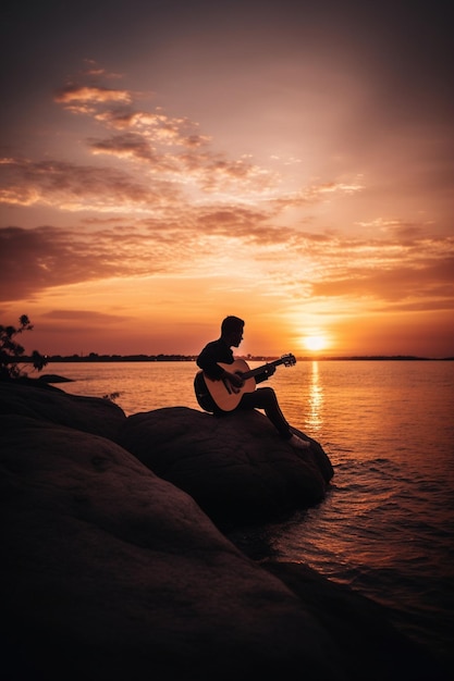 Ein Mann spielt Gitarre auf einem Felsen am Wasser