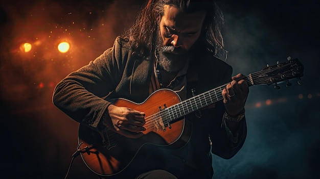 ein Mann spielt Gitarre in einem dunklen Raum mit einem Licht auf seinem Gesicht.