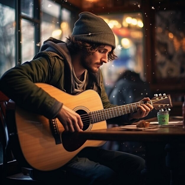 Ein Mann spielt Gitarre in einem Restaurant bei einem Glas Wein.