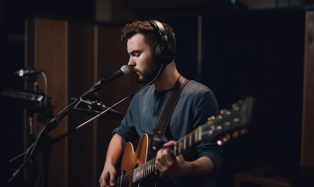 Ein Mann spielt Gitarre in einem Tonstudio