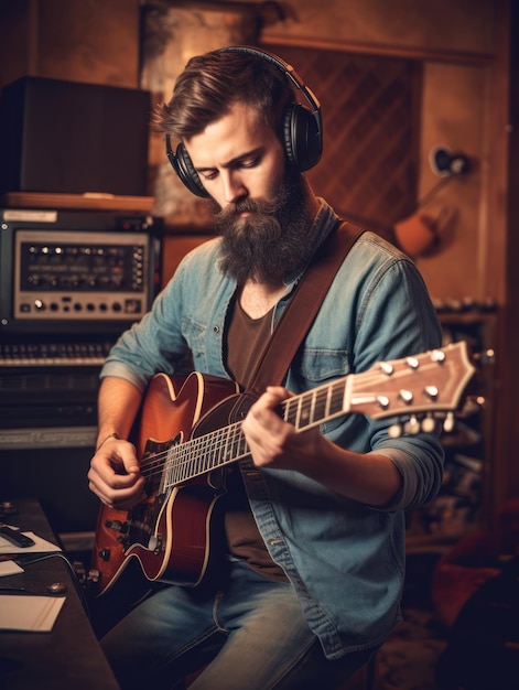 Ein Mann spielt Gitarre in einem Tonstudio.