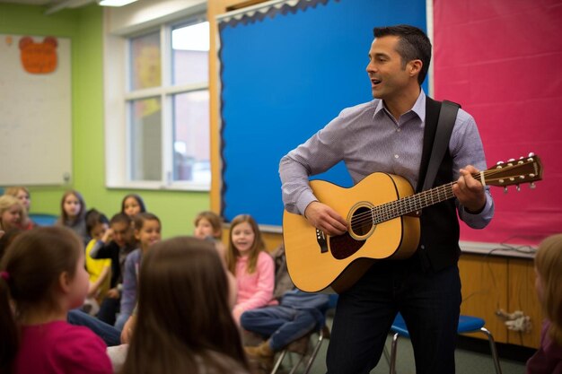 ein Mann spielt Gitarre und eine Gruppe von Kindern sitzt vor ihm