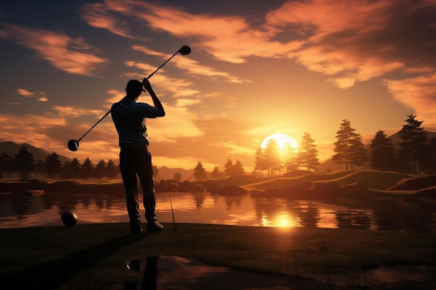Ein Mann spielt Golf vor einem Sonnenuntergang im Hintergrund.