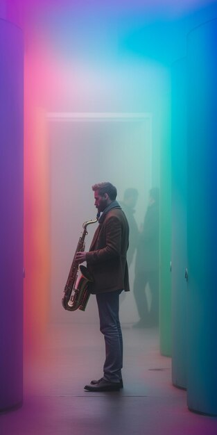 Ein Mann spielt Saxophon in einem Raum mit buntem Hintergrund.