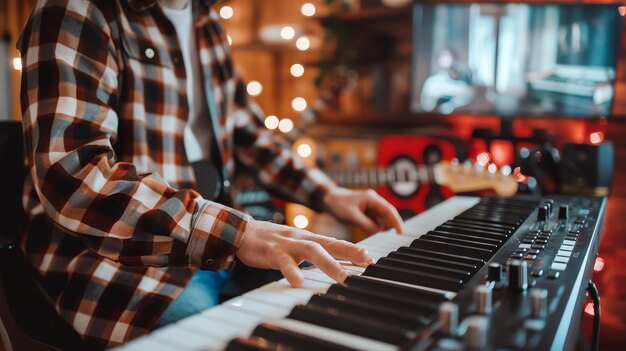 Ein Mann spielt Synthesizer im Heimstudio