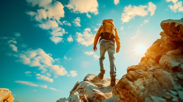 Ein Mann steht am Rande einer felsigen Klippe mit Blick auf den Himmel auf einem Bergwanderweg