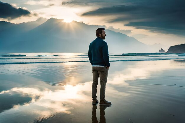 Ein Mann steht am Strand und blickt auf die Berge.