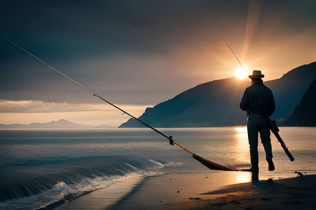 Ein Mann steht am Strand vor einem Sonnenuntergang.