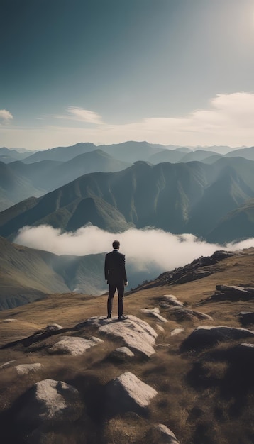 Ein Mann steht auf dem Gipfel eines Berges und schaut auf das Tal